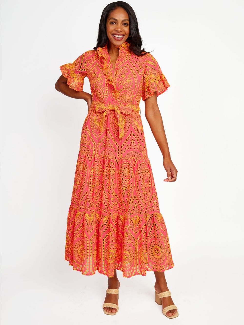 NWT Abbey Glass Sadie Maxi Dress Coral and Yellow Eyelet Sz XL